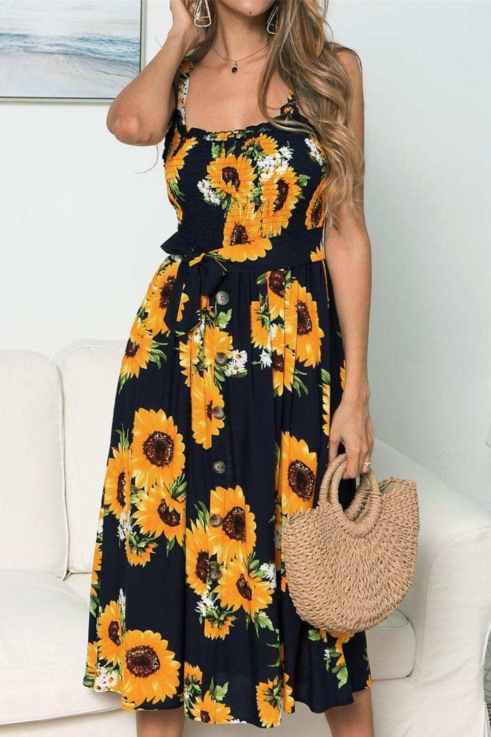 Smocked Sunflower Printed Sleeveless Cami Dress - Trendsi - Flyclothing LLC