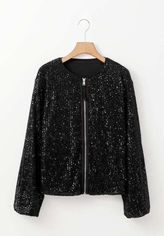 Sequin Zip Up Long Sleeve Jacket - Trendsi - Flyclothing LLC