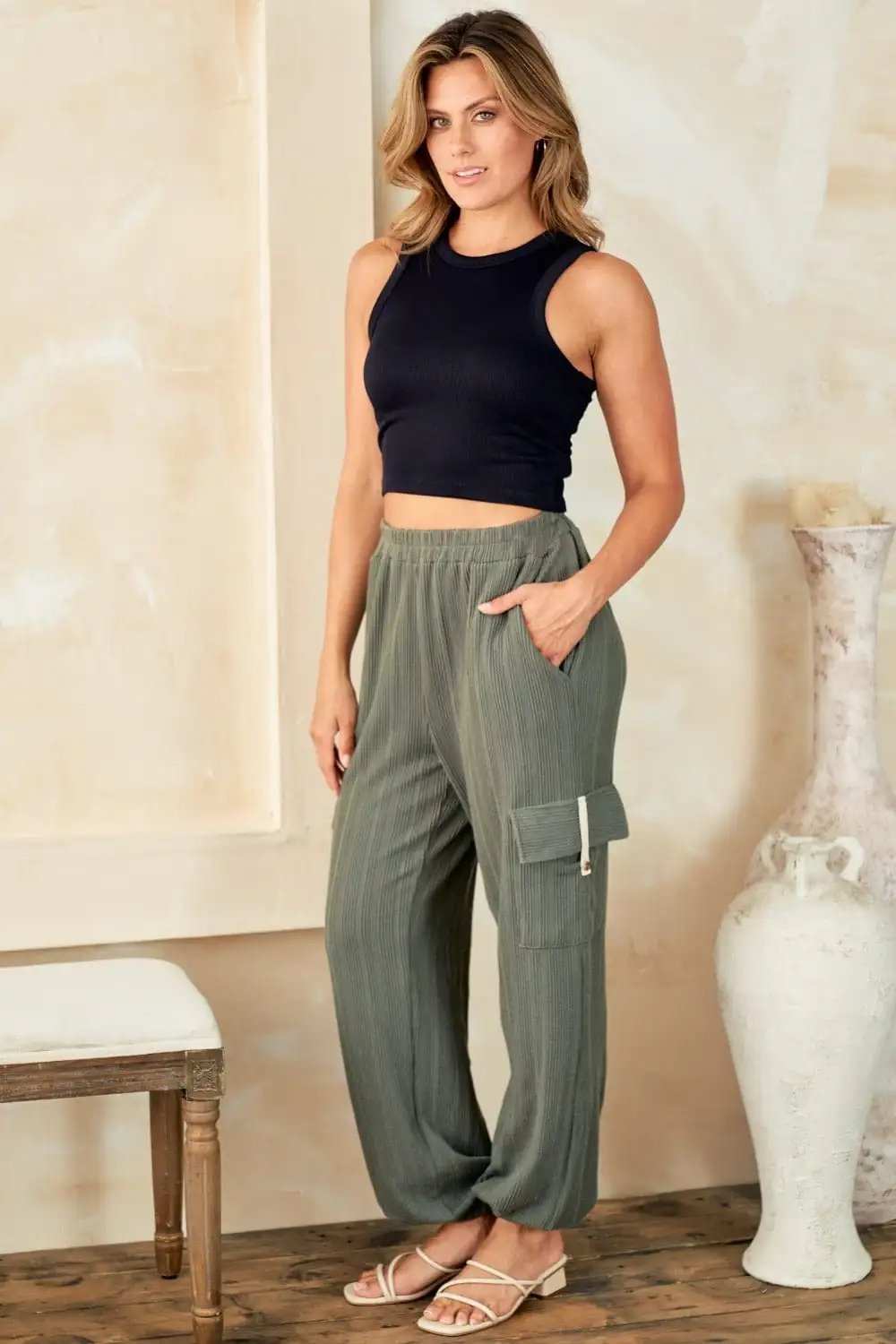 Hailey & Co Textured Rib Cargo Pants - Trendsi - Flyclothing LLC