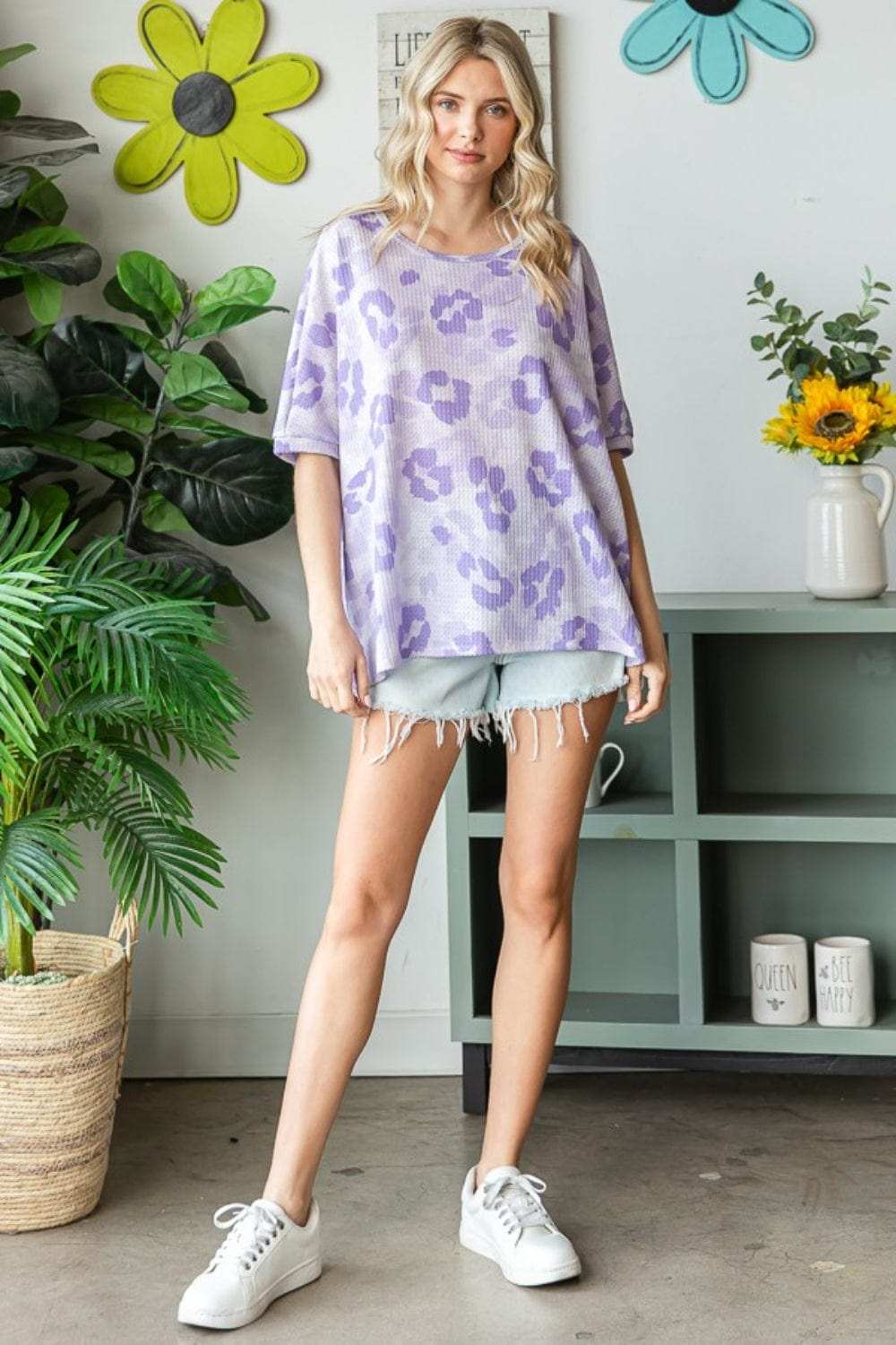 HOPELY Print Waffle Oversized T-Shirt - Trendsi - Flyclothing LLC