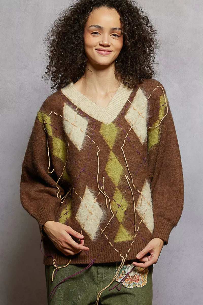 POL V-Neck Argyle Pattern Mohair Sweater with Contrast Exposed Stitch Detail - Trendsi - Flyclothing LLC