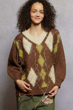POL V-Neck Argyle Pattern Mohair Sweater with Contrast Exposed Stitch Detail - Trendsi - Flyclothing LLC