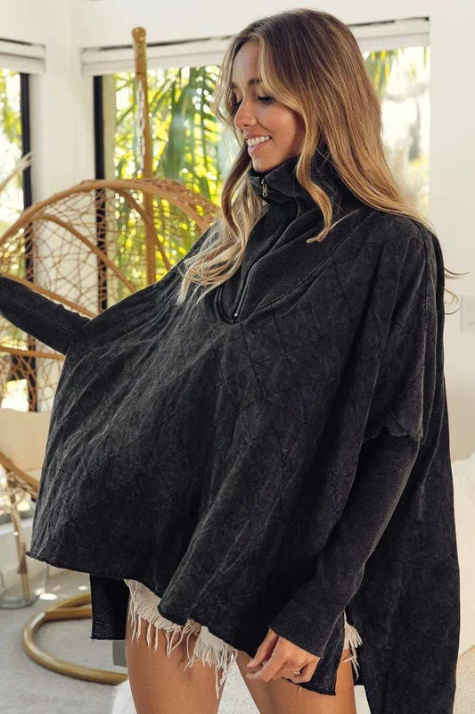 BiBi Vintage Washed Quilted Half Zip Top - Trendsi - Flyclothing LLC