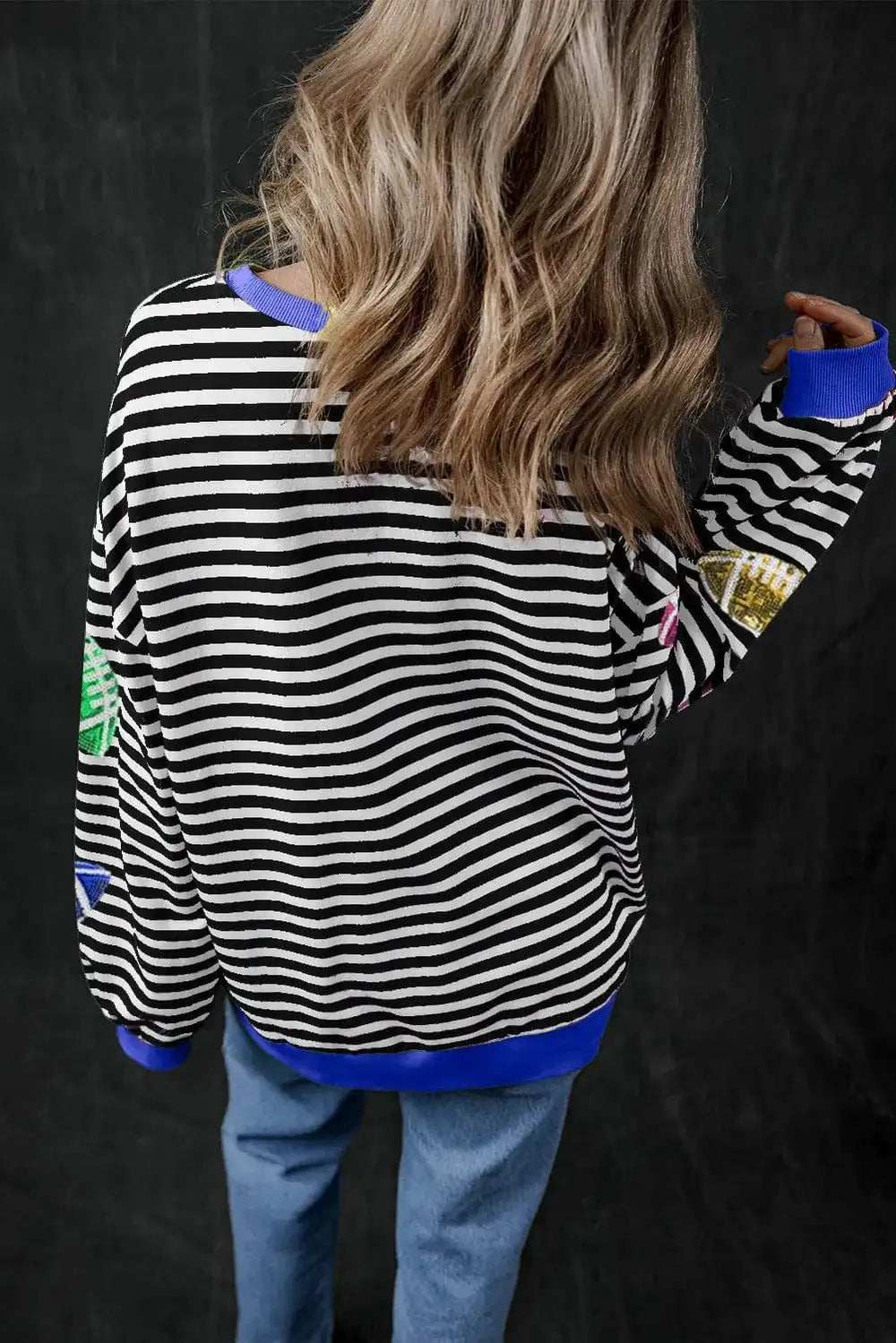 Sequin Football Striped Round Neck Long Sleeve Sweatshirt - Trendsi - Flyclothing LLC