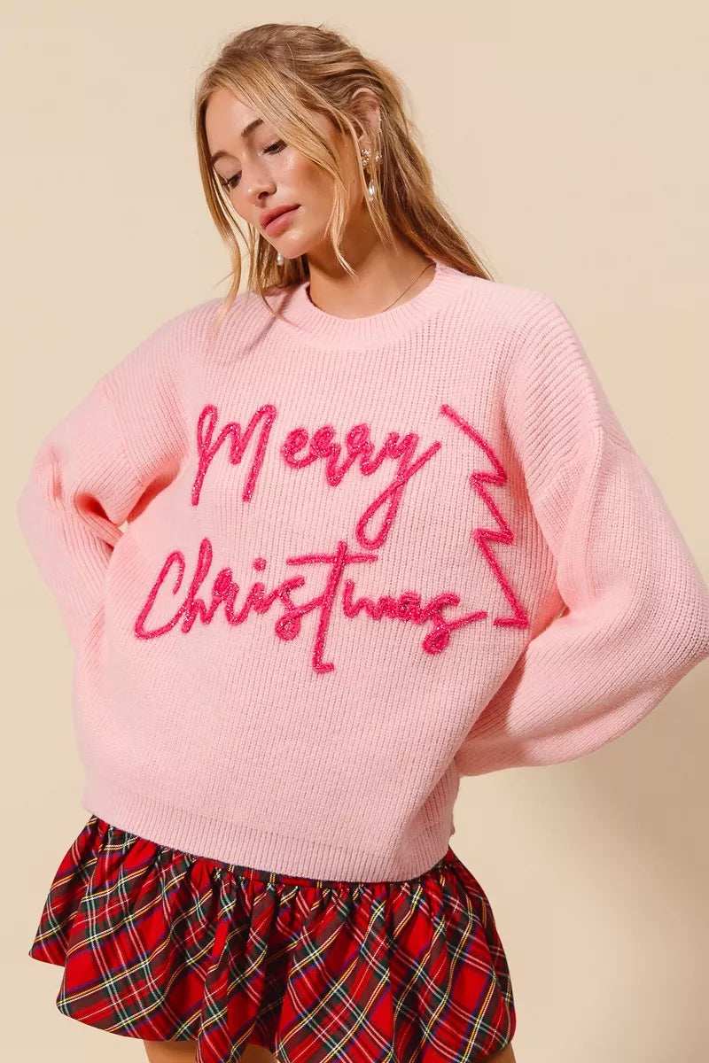 SO ME Merry Christmas Tinsel Lettering Sweater - Trendsi - Flyclothing LLC