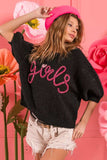 BiBi Metallic Letter Short Puff Sleeve Hairy Sweater - Trendsi - Flyclothing LLC