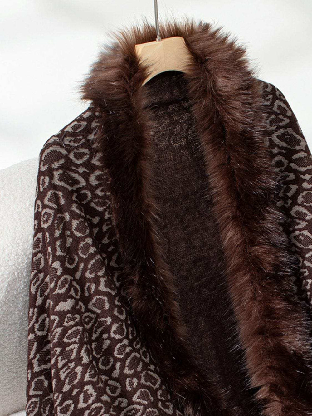 Fringe Leopard Open Front Long Sleeve Poncho - Trendsi - Flyclothing LLC