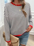 Striped Round Neck Dropped Shoulder Sweater - Trendsi - Flyclothing LLC