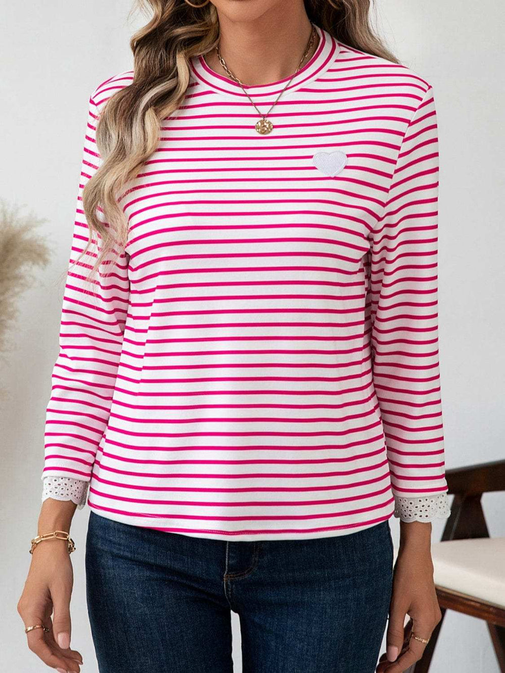 Heart Striped Round Neck Long Sleeve T-Shirt - Trendsi - Flyclothing LLC