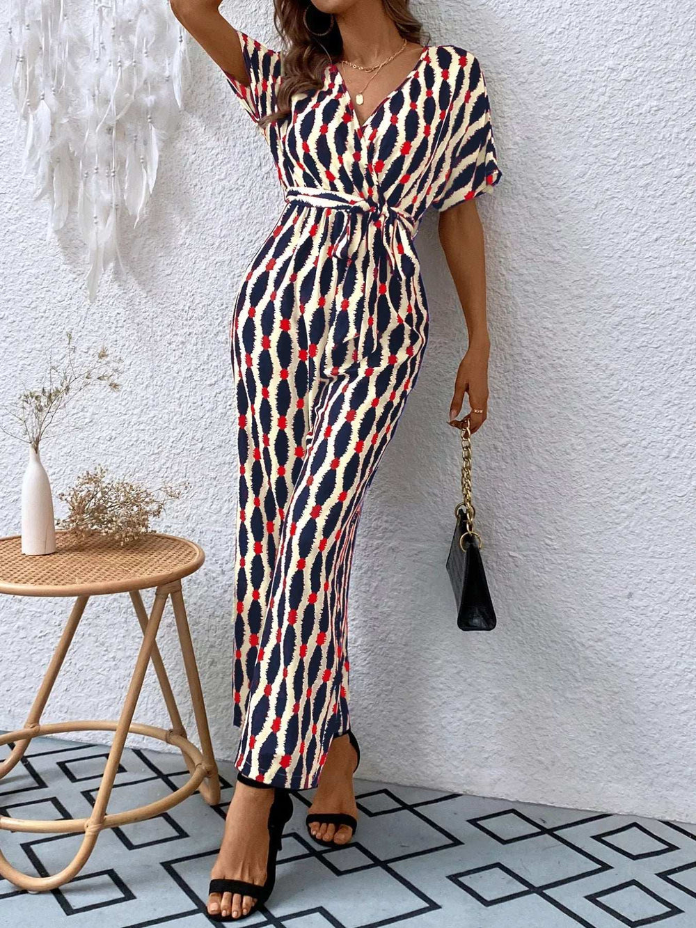 Printed Surplice Tie Waist Short Sleeve Jumpsuit - Trendsi - Flyclothing LLC