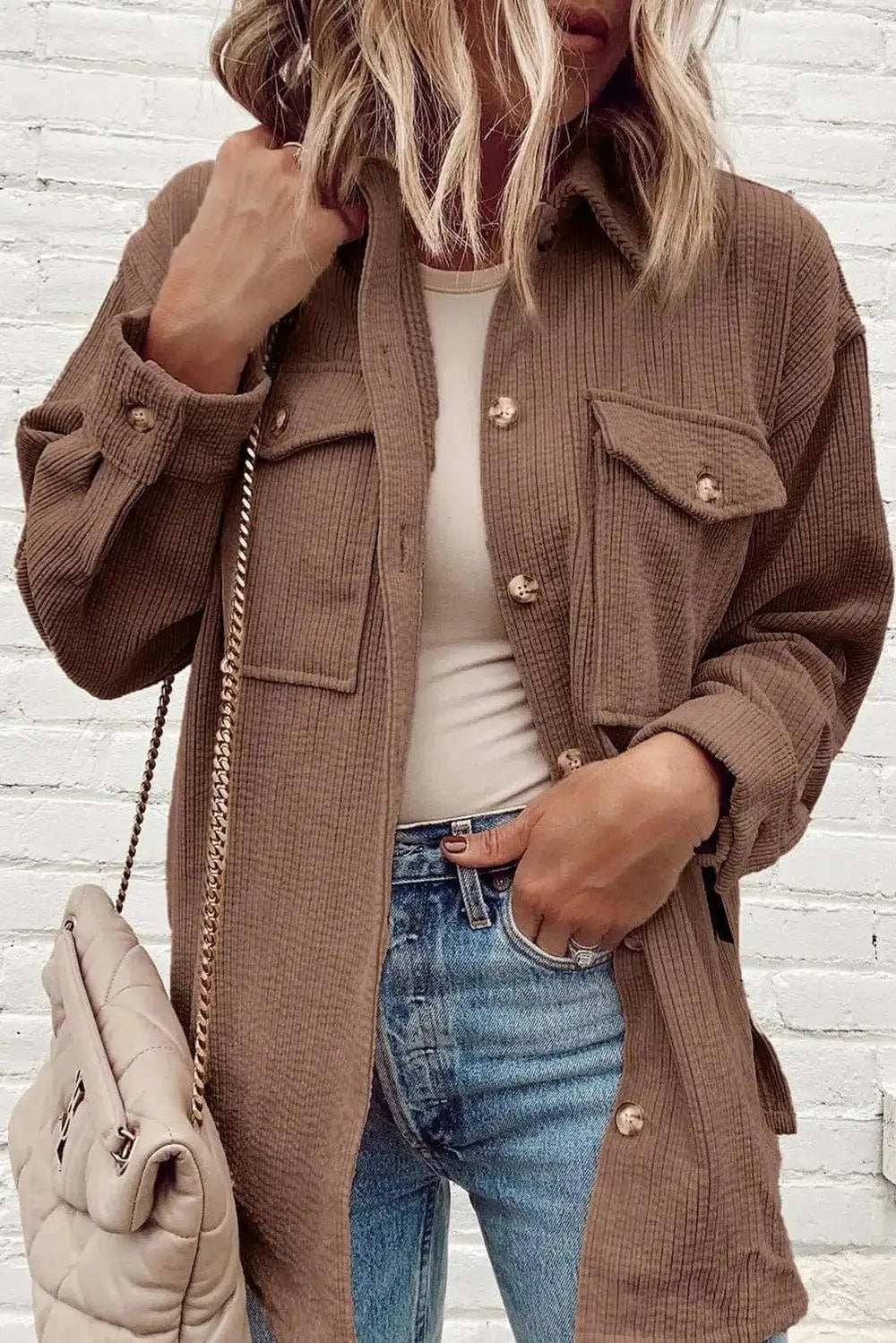 Pocketed Button Up Dropped Shoulder Shacket - Trendsi - Flyclothing LLC