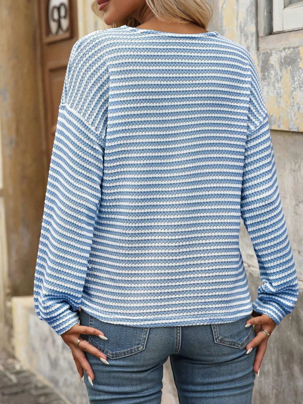 Striped V-Neck Button Front Casual Top - Trendsi - Flyclothing LLC