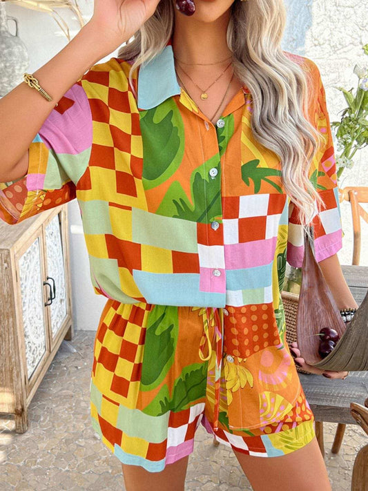 Devine Printed Collared Neck Half Sleeve Top and Shorts Set - Trendsi - Flyclothing LLC