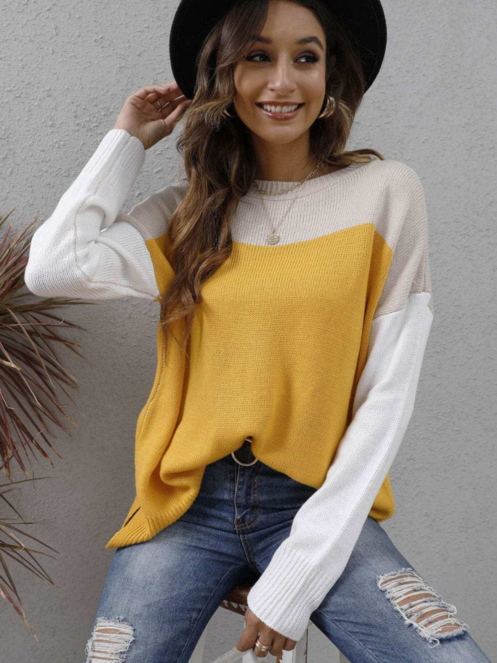 Color Block Round Neck Sweater - Trendsi - Flyclothing LLC