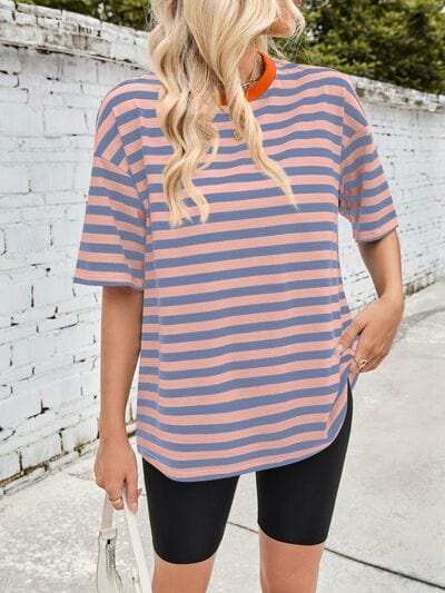 Lovelet Striped Round Neck Half Sleeve T-Shirt - Trendsi - Flyclothing LLC