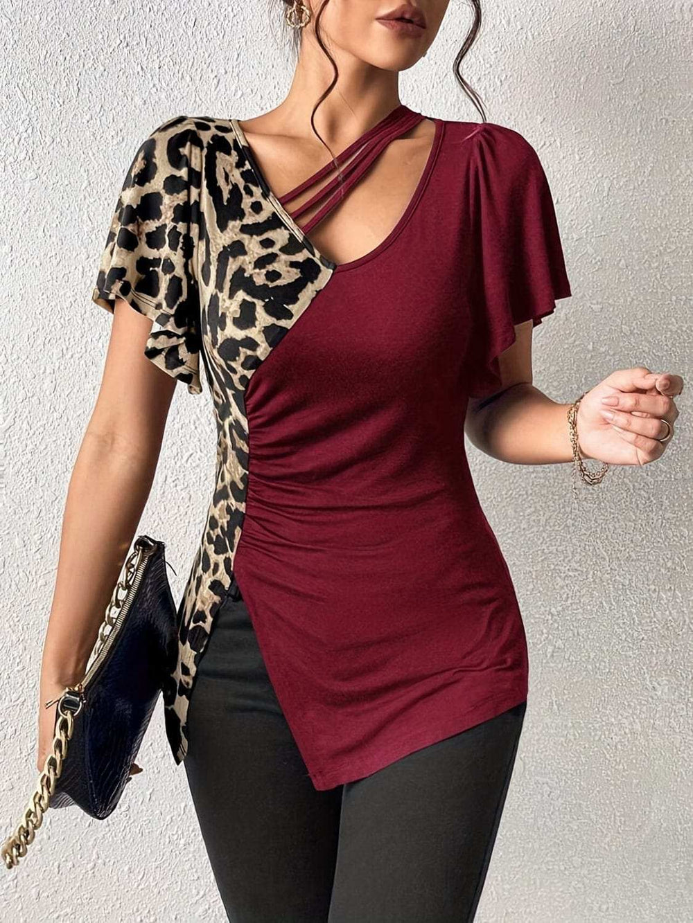 Ruched Leopard Flutter Sleeve T-Shirt - Trendsi - Flyclothing LLC