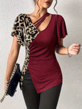 Ruched Leopard Flutter Sleeve T-Shirt - Trendsi - Flyclothing LLC