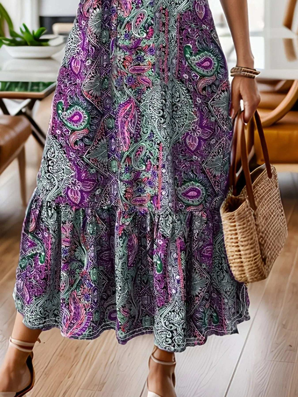 Full Size Bohemian Paisley Print Ruffle Hem Midi Dress Plus Size - Trendsi - Flyclothing LLC