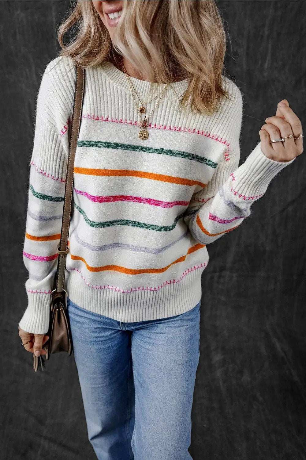 Striped Round Neck Dropped Shoulder Sweater - Trendsi - Flyclothing LLC