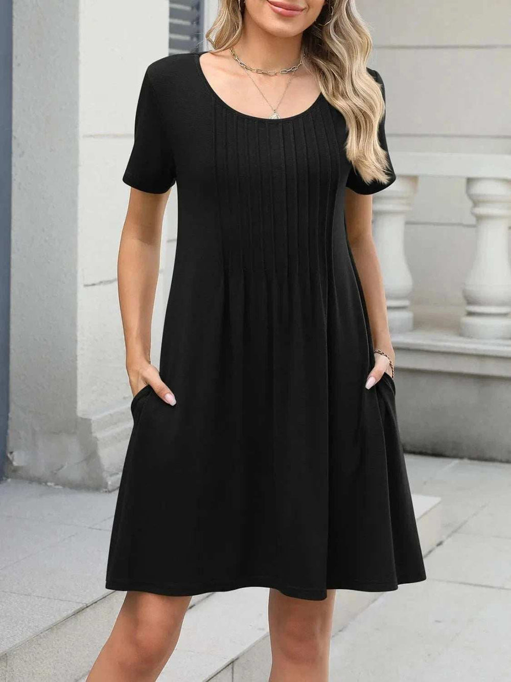 Pleated Front Round Neck Swing Dress - Trendsi - Flyclothing LLC