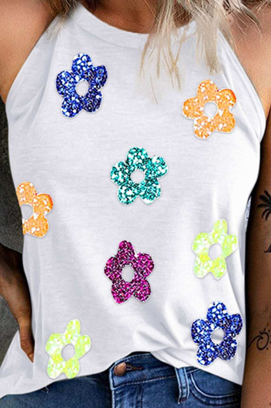 Sequin Flower Grecian Neck Tank - Trendsi - Flyclothing LLC