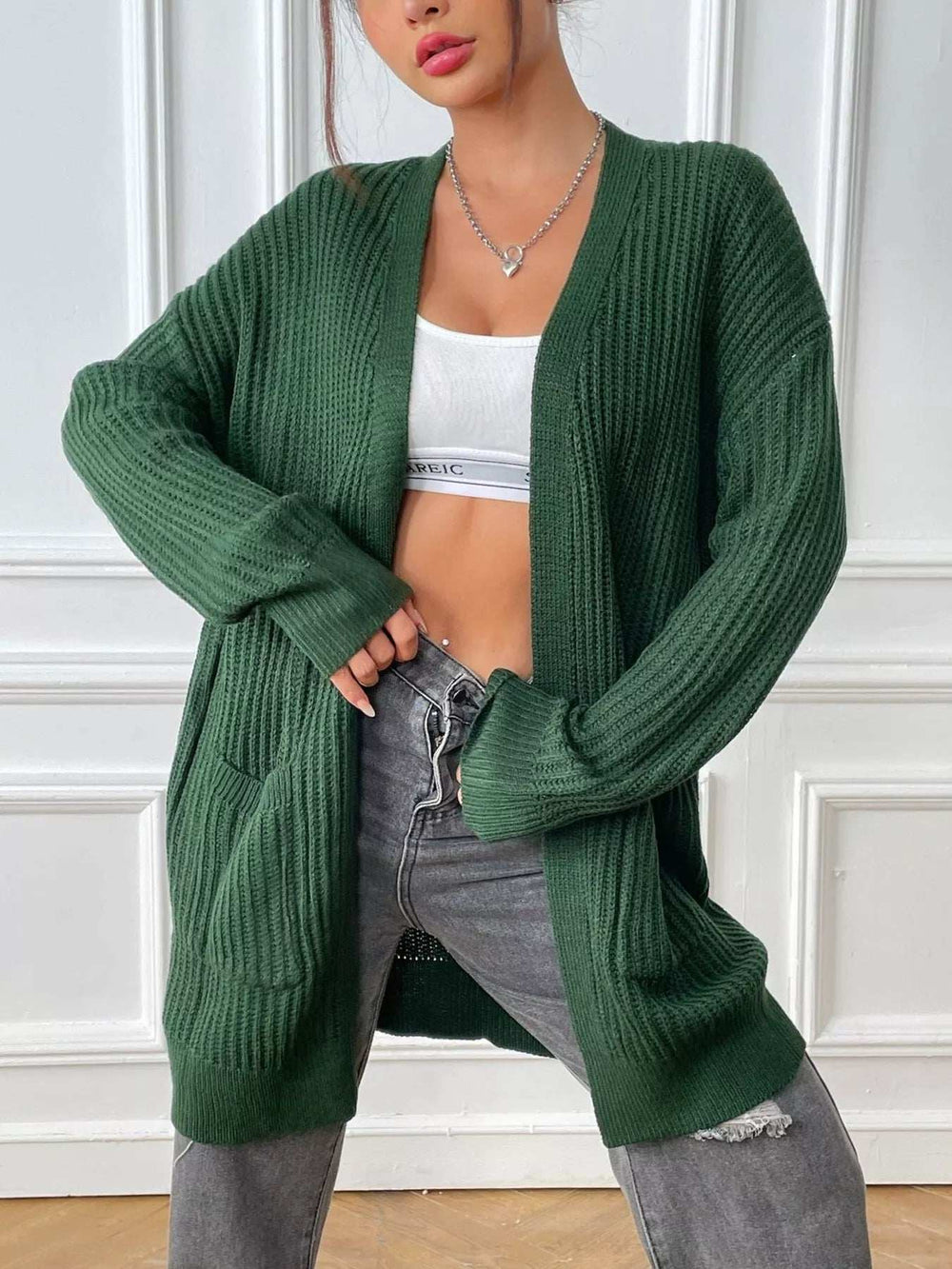 Open Front Drop Shoulder Cardigan - Trendsi - Flyclothing LLC