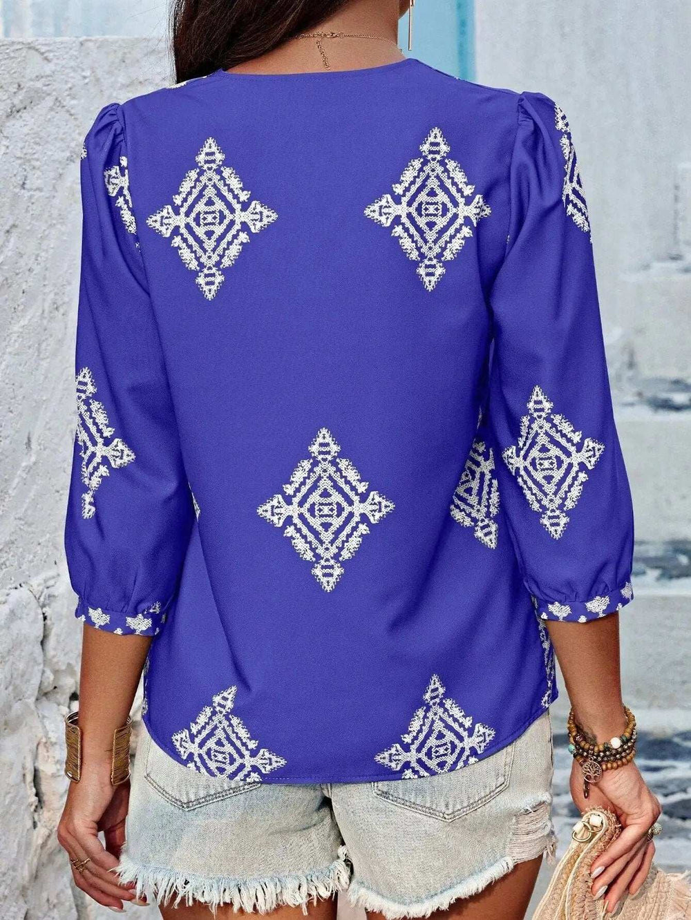 Printed V-Neck Three-Quarter Sleeve Blouse - Trendsi - Flyclothing LLC
