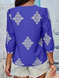 Printed V-Neck Three-Quarter Sleeve Blouse - Trendsi - Flyclothing LLC