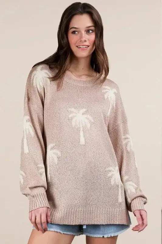VERY J Palm Tree Graphic Oversized Knit Sweater - Trendsi - Flyclothing LLC