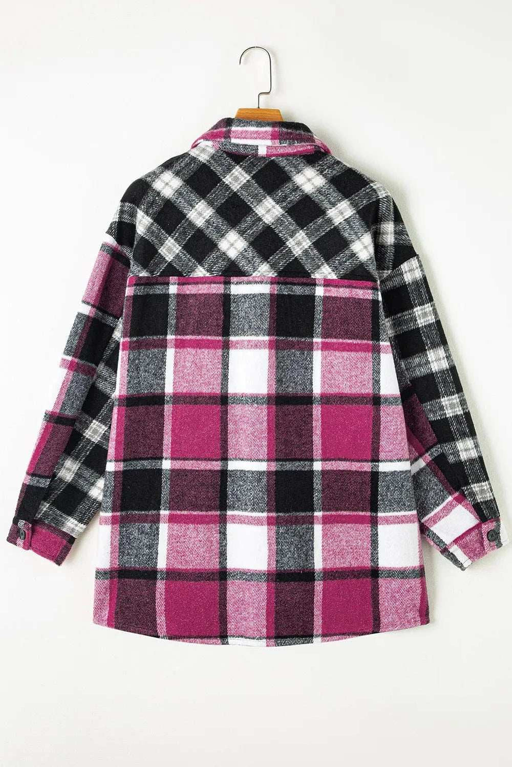 Pocketed Plaid Collared Neck Long Sleeve Shacket - Trendsi - Flyclothing LLC