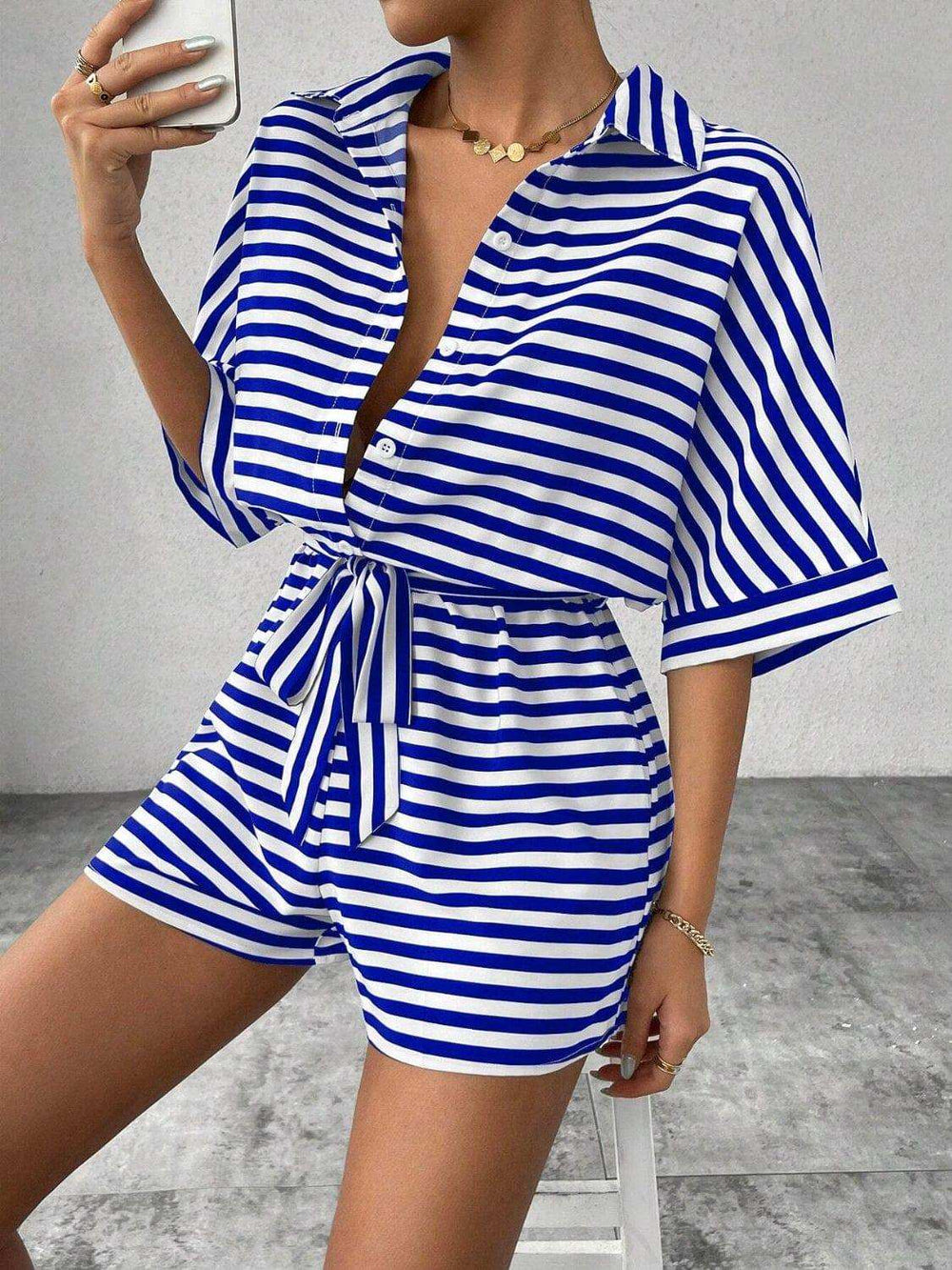 Tie Waist Half Button Striped Romper - Trendsi - Flyclothing LLC