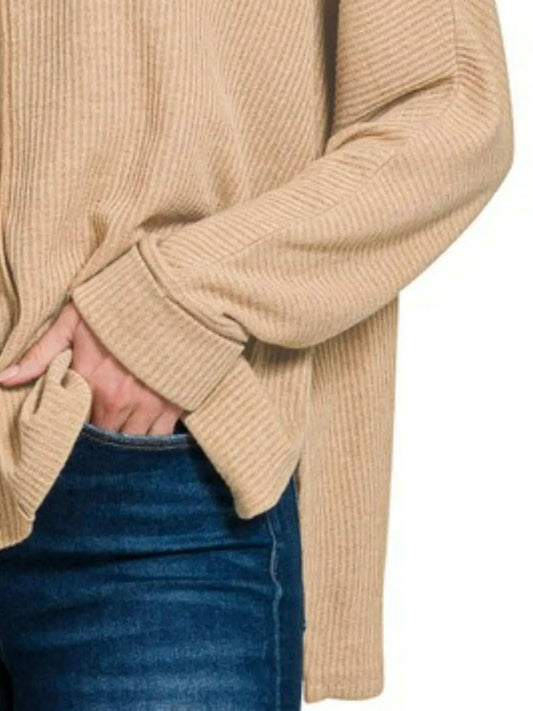 Zenana Ribbed Center Seam Dolman Sleeve Hi Low Sweater - Trendsi - Flyclothing LLC
