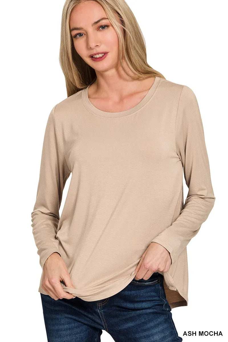 Zenana Flowy Round Hem Rayon Long Sleeve Top - Trendsi - Flyclothing LLC