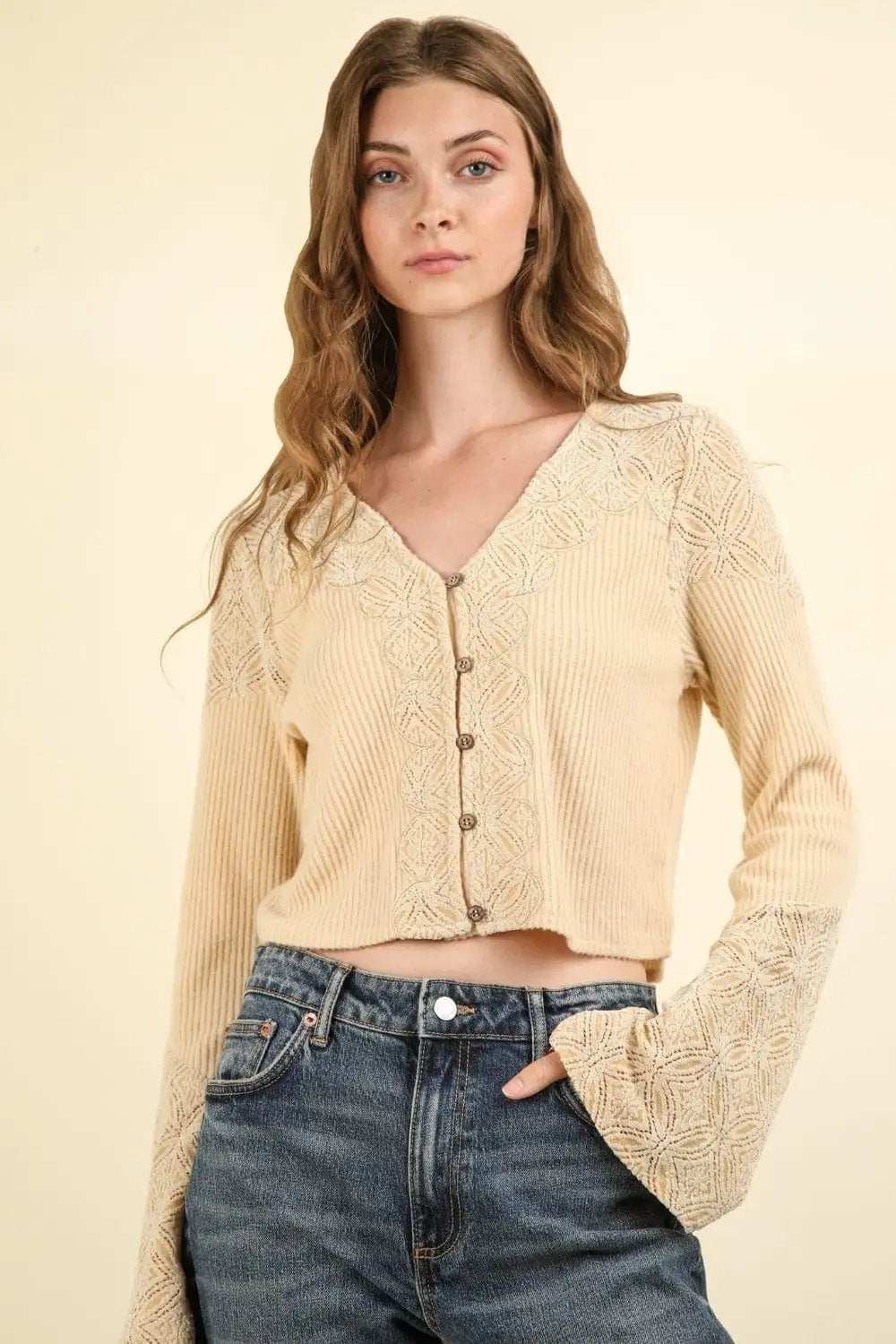VERY J V-Neck Lace Detail Button Down Crop Ribbed Knit Top - Trendsi - Flyclothing LLC