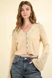 VERY J V-Neck Lace Detail Button Down Crop Ribbed Knit Top - Trendsi - Flyclothing LLC