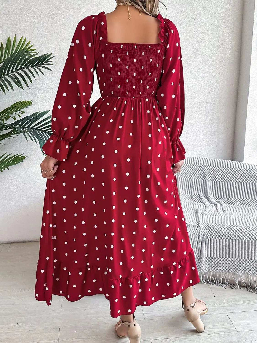 Polka Dot Flounce Sleeve Midi Dress - Trendsi - Flyclothing LLC