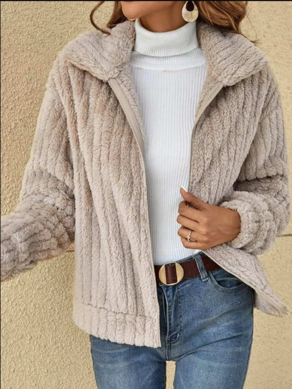 Full Size Zip-Up Long Sleeve Texture Jacket Plus Size - Trendsi - Flyclothing LLC
