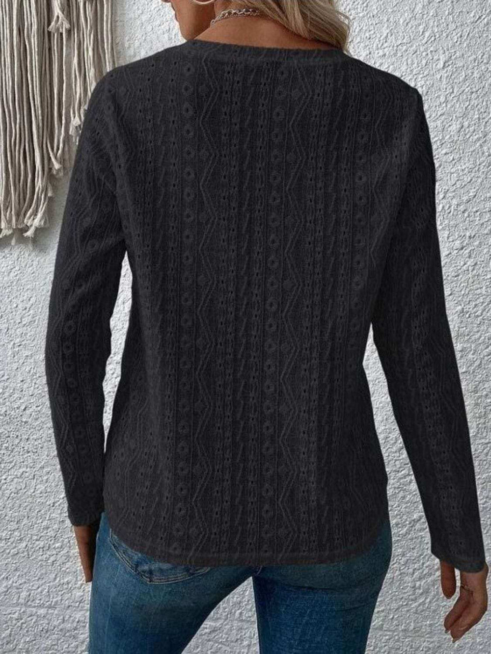 Eyelet Round Neck Long Sleeve Blouse - Trendsi - Flyclothing LLC