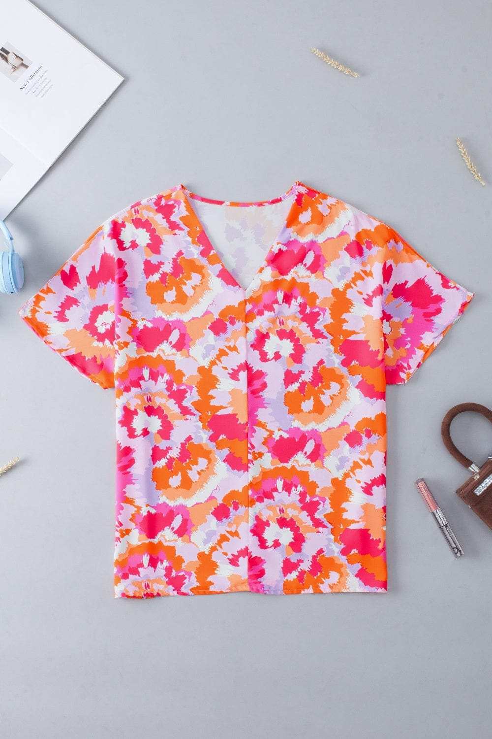 Printed V-Neck Short Sleeve Blouse - Trendsi - Flyclothing LLC
