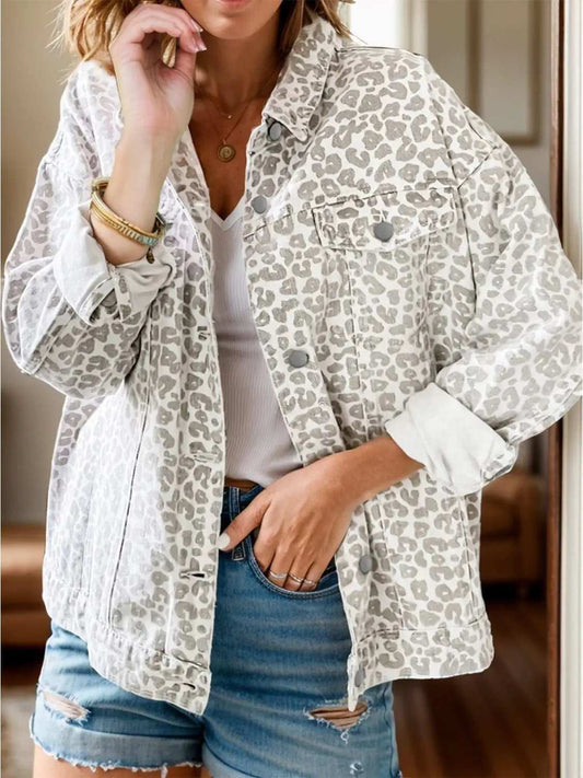 Leopard Button Up Long Sleeve Denim Jacket - Trendsi - Flyclothing LLC