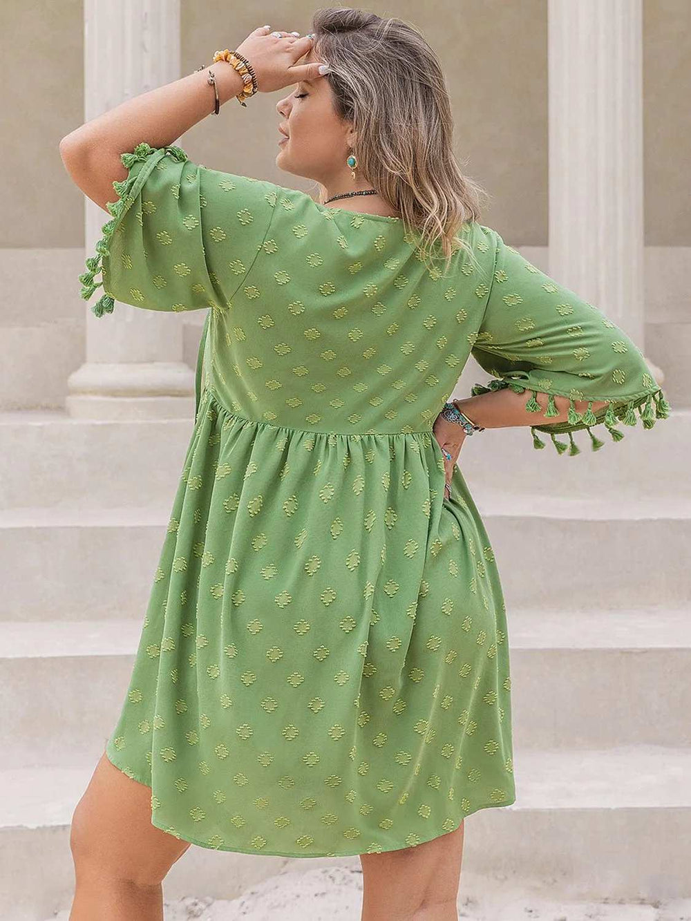 Plus Size Tied Tassel Half Sleeve Mini Dress - Trendsi - Flyclothing LLC