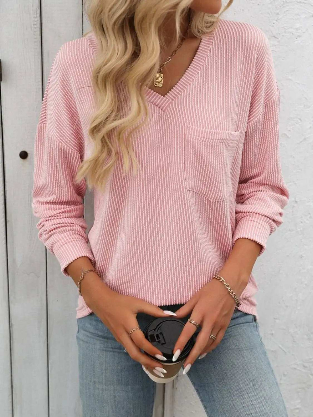 V-Neck Long Sleeve T-Shirt - Trendsi - Flyclothing LLC
