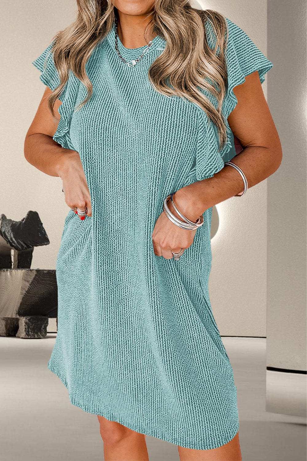 Textured Ruffled Round Neck Cap Sleeve Dress - Trendsi - Flyclothing LLC