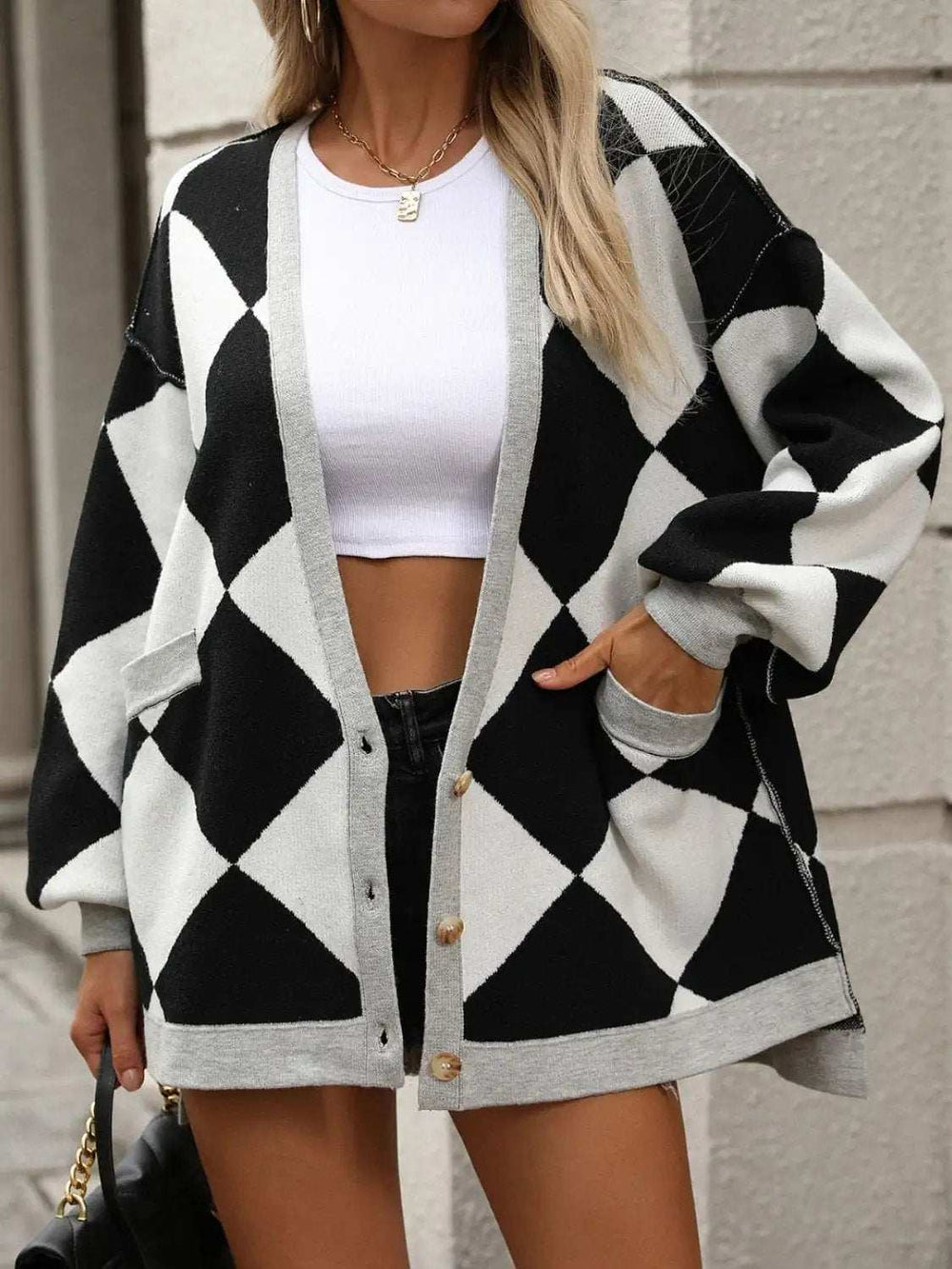 Checkered Dropped Shoulder Long Sleeve Cardigan - Trendsi - Flyclothing LLC