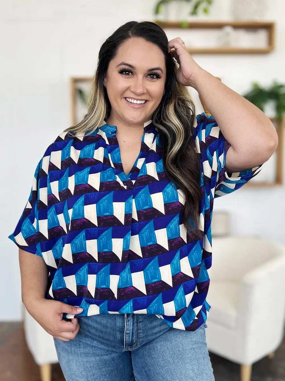 Double Take Full Size Geometric Notched Half Sleeve Blouse - Trendsi - Flyclothing LLC