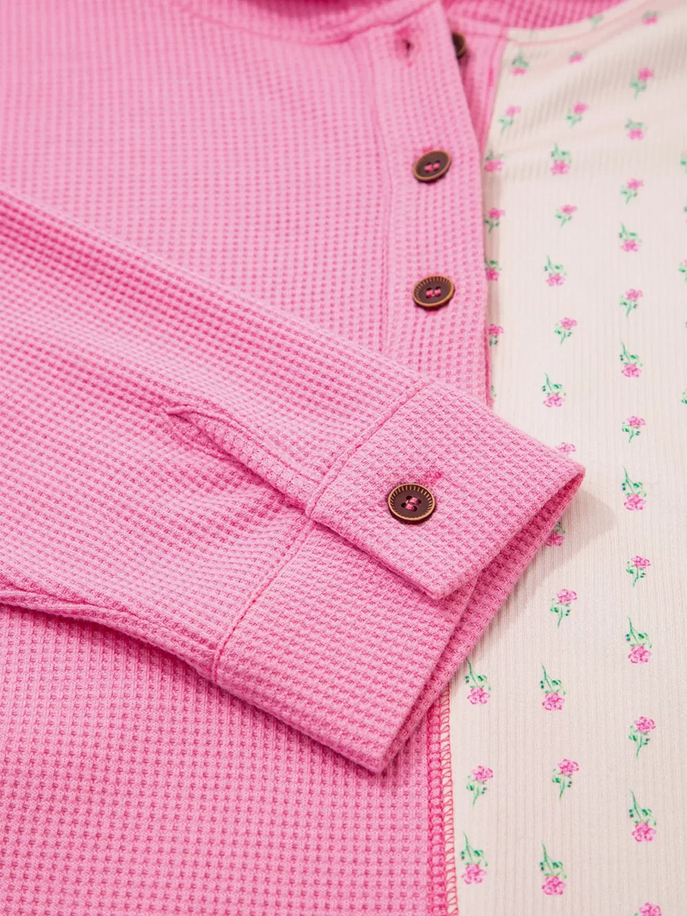 Mixed Texture Waffle Floral Patchwork Hooded Oversize Pullover - Trendsi - Flyclothing LLC