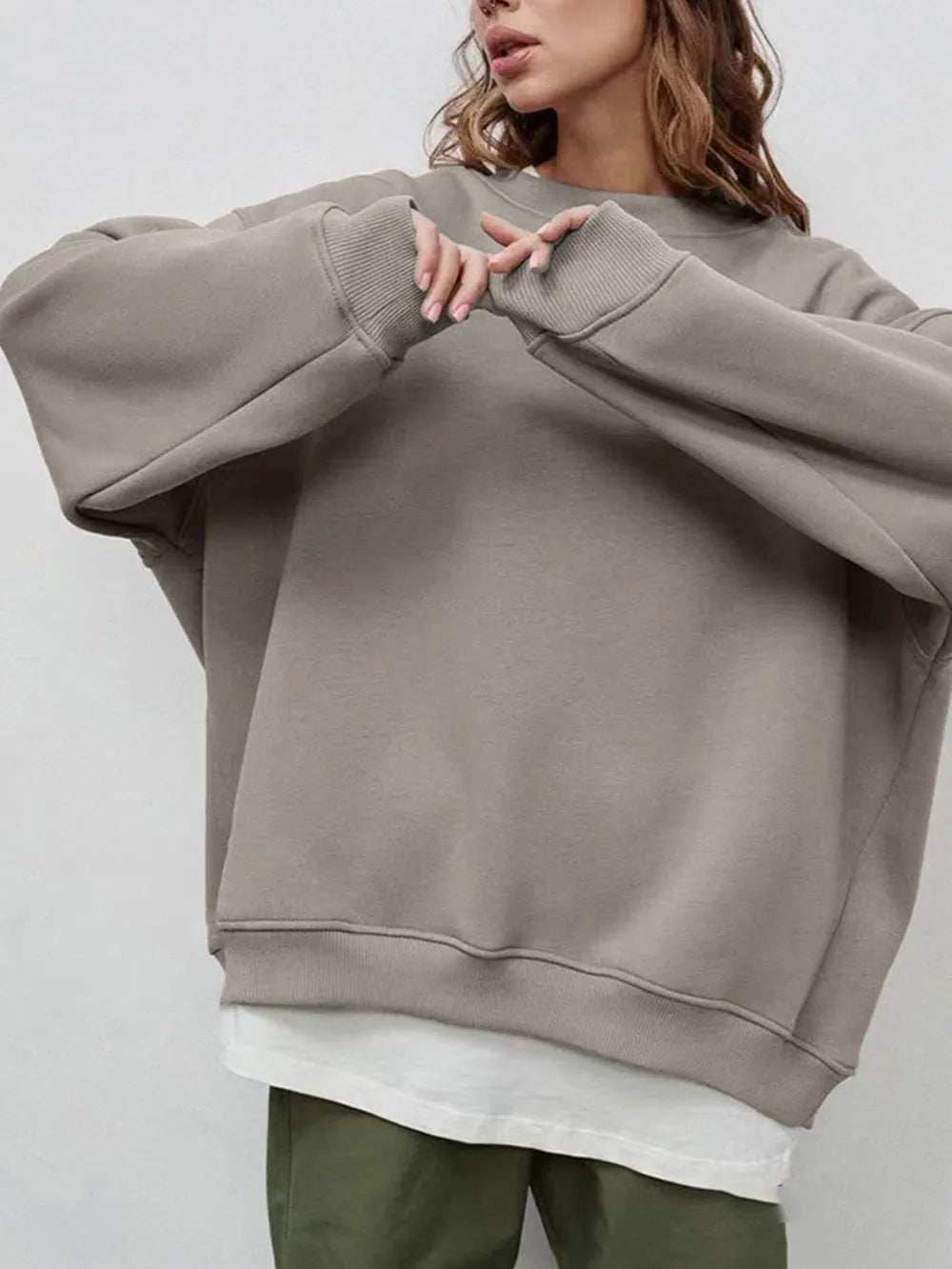 Round Neck Dropped Shoulder Long Sleeve Sweatshirt - Trendsi - Flyclothing LLC