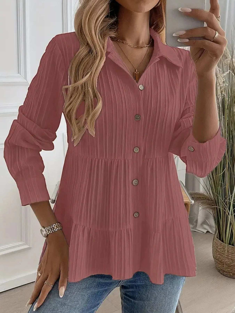 Striped Button-Down Tiered Shirt - Trendsi - Flyclothing LLC