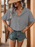 Striped Collared Neck Half Sleeve Shirt - Trendsi - Flyclothing LLC