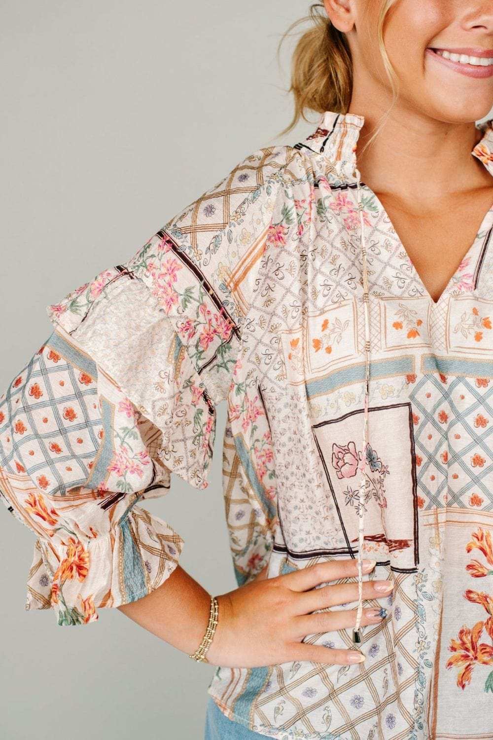 Ruffled Printed Tie Neck Three-Quarter Sleeve Blouse - Trendsi - Flyclothing LLC